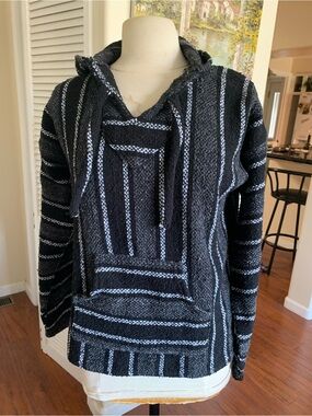 Black & Gray Striped Hooded Baja Pullover, missing tags